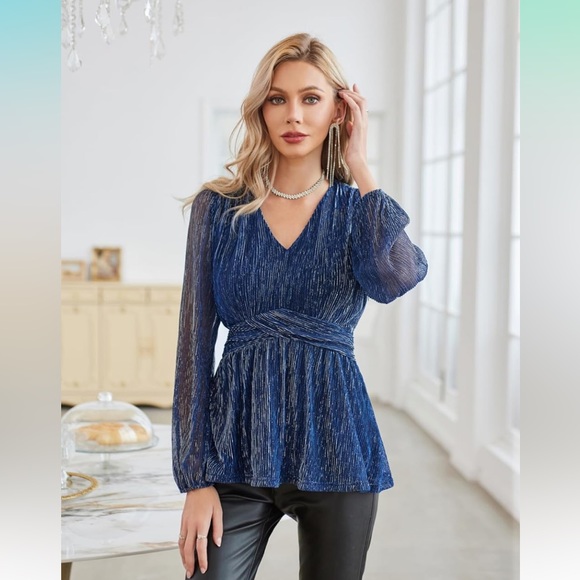 GRACE KARIN Women's Sequin Tops V-Neck Waist Pleat Blouse Lantern Sleeves - Picture 3 of 7